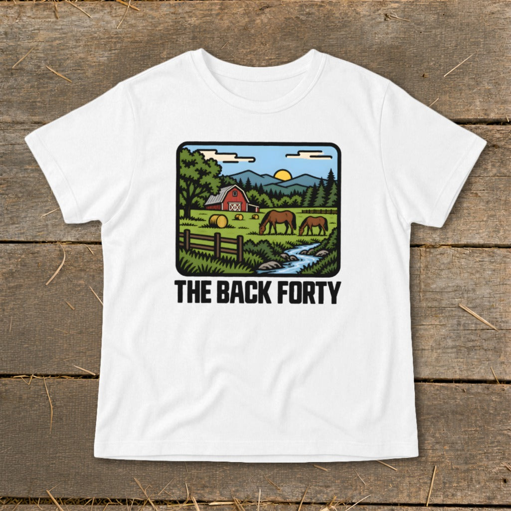 A white t-shirt featuring a cartoon farm scene graphic with horses and the text THE BACK FORTY.