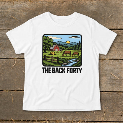 A white t-shirt featuring a cartoon farm scene graphic with horses and the text THE BACK FORTY.
