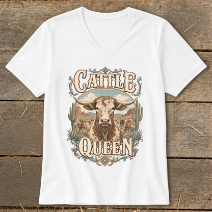 White t-shirt with "Cattle Queen" text and a longhorn bull in a desert landscape.