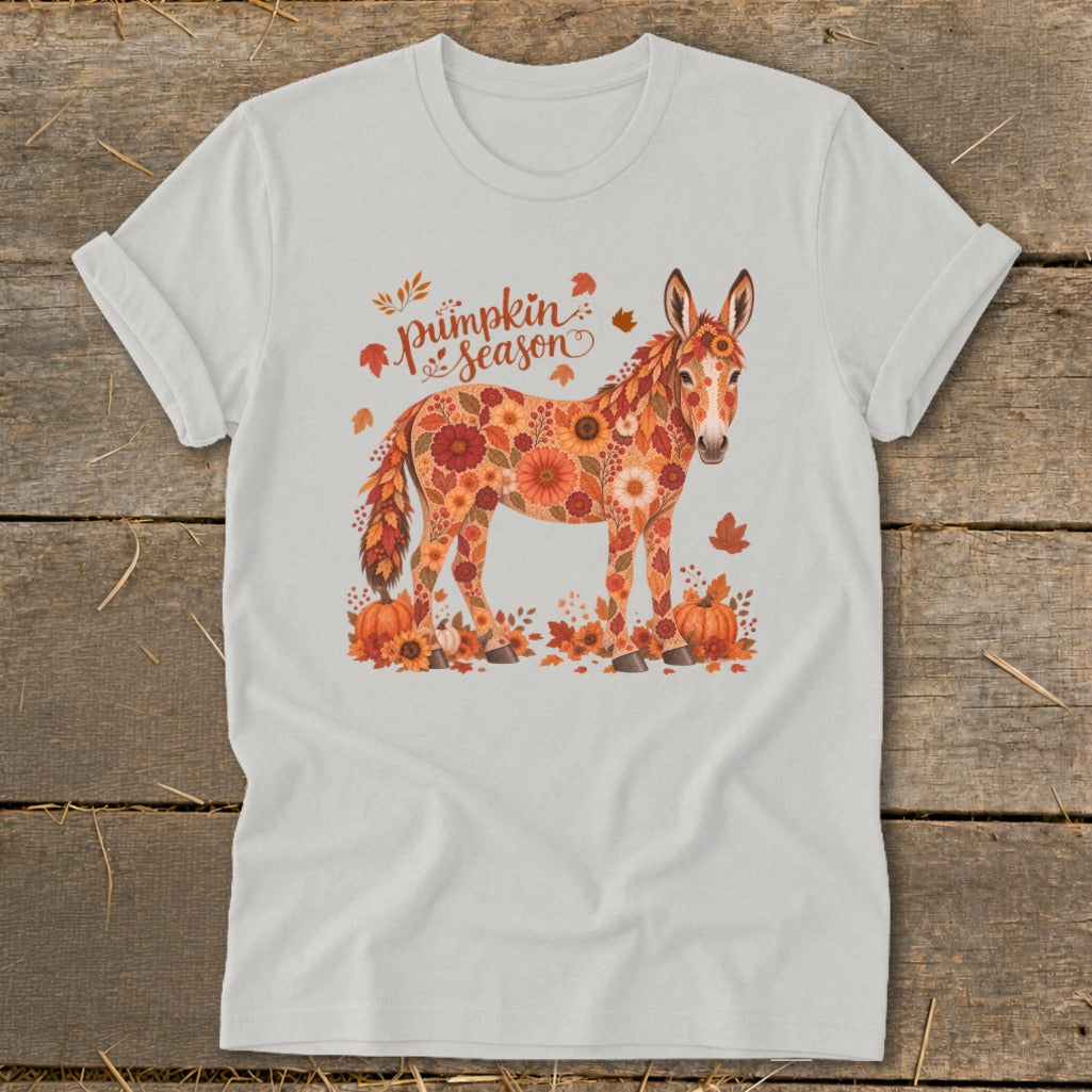 White t-shirt with a floral donkey design and "Pumpkin season" text.