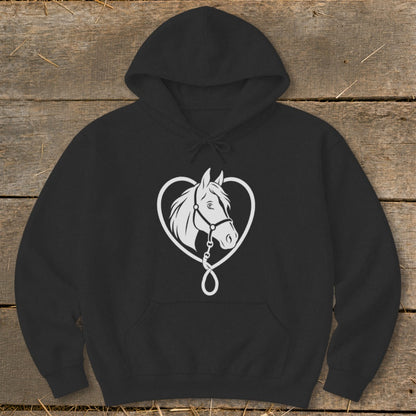 Black pullover hoodie with a white graphic of a horse head inside a heart on the chest.