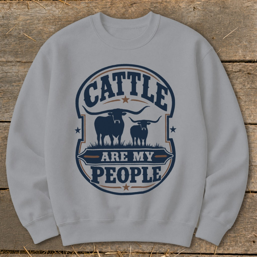 Light gray sweatshirt with "Cattle Are My People" graphic featuring two longhorn cattle.