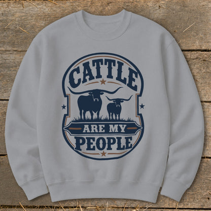 Light gray sweatshirt with "Cattle Are My People" graphic featuring two longhorn cattle.