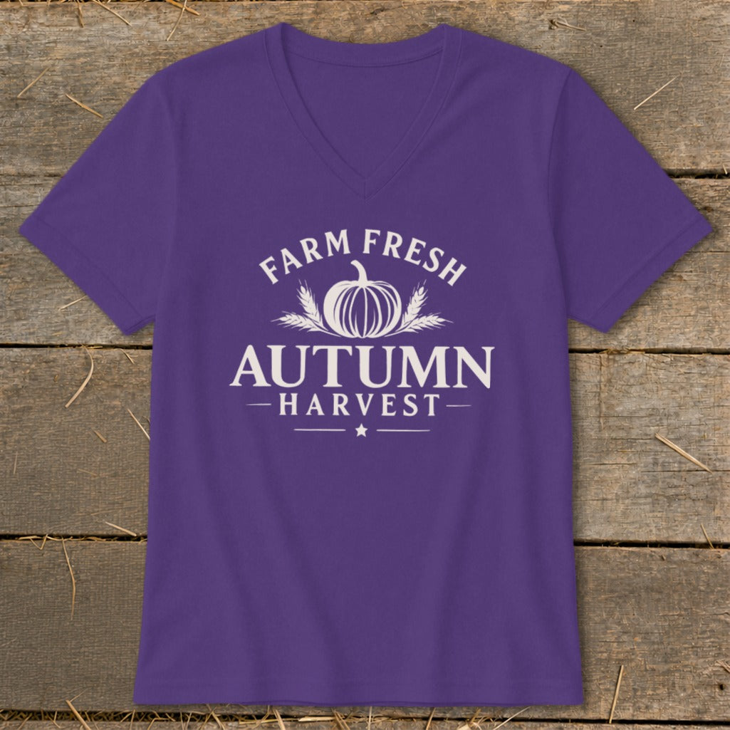 Purple v-neck t-shirt with "Farm Fresh Autumn Harvest" text and pumpkin graphic.