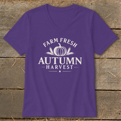 Purple v-neck t-shirt with "Farm Fresh Autumn Harvest" text and pumpkin graphic.