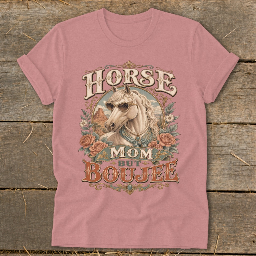 Horse Mom But Boujee graphic on pink t-shirt with horse wearing sunglasses and pearls.
