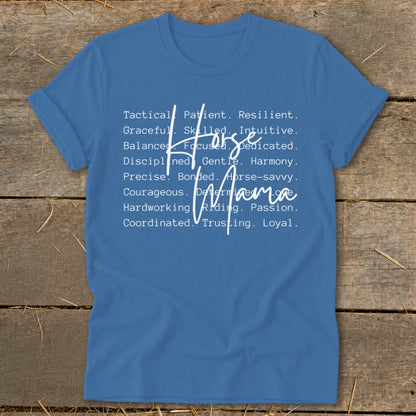Blue t-shirt with white text listing traits for "Horse Mama".