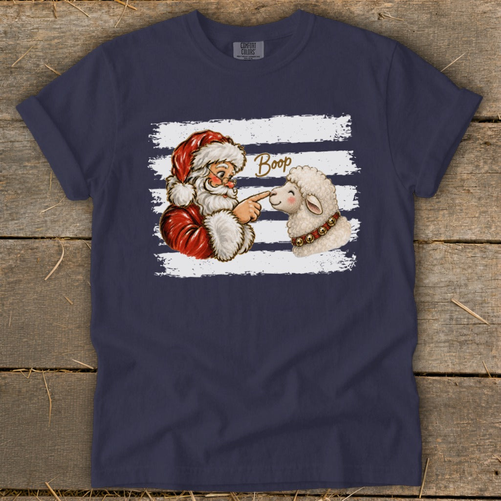 Santa booping a sheep with the word "Boop" on a navy blue t-shirt.