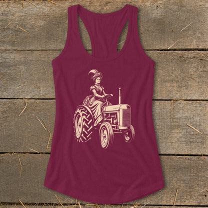 Maroon tank top with vintage illustration of a woman in a dress driving a tractor.