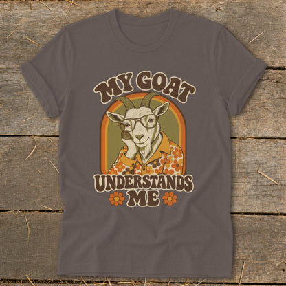 T-shirt graphic with a goat wearing glasses and shirt, text "My Goat Understands Me".