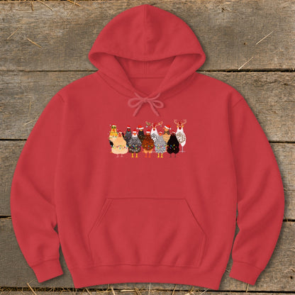 Red hoodie with a group of festive chickens wearing Santa hats and holiday lights.