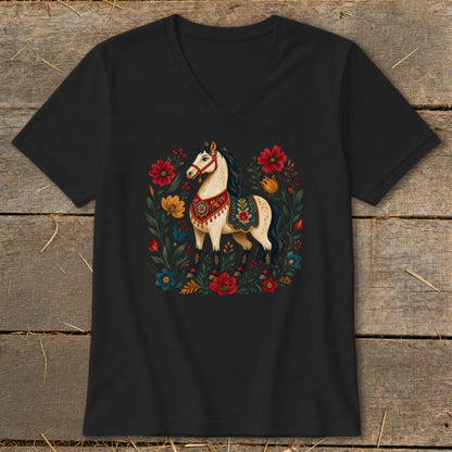 Black t-shirt with a stylized white horse in a floral border.