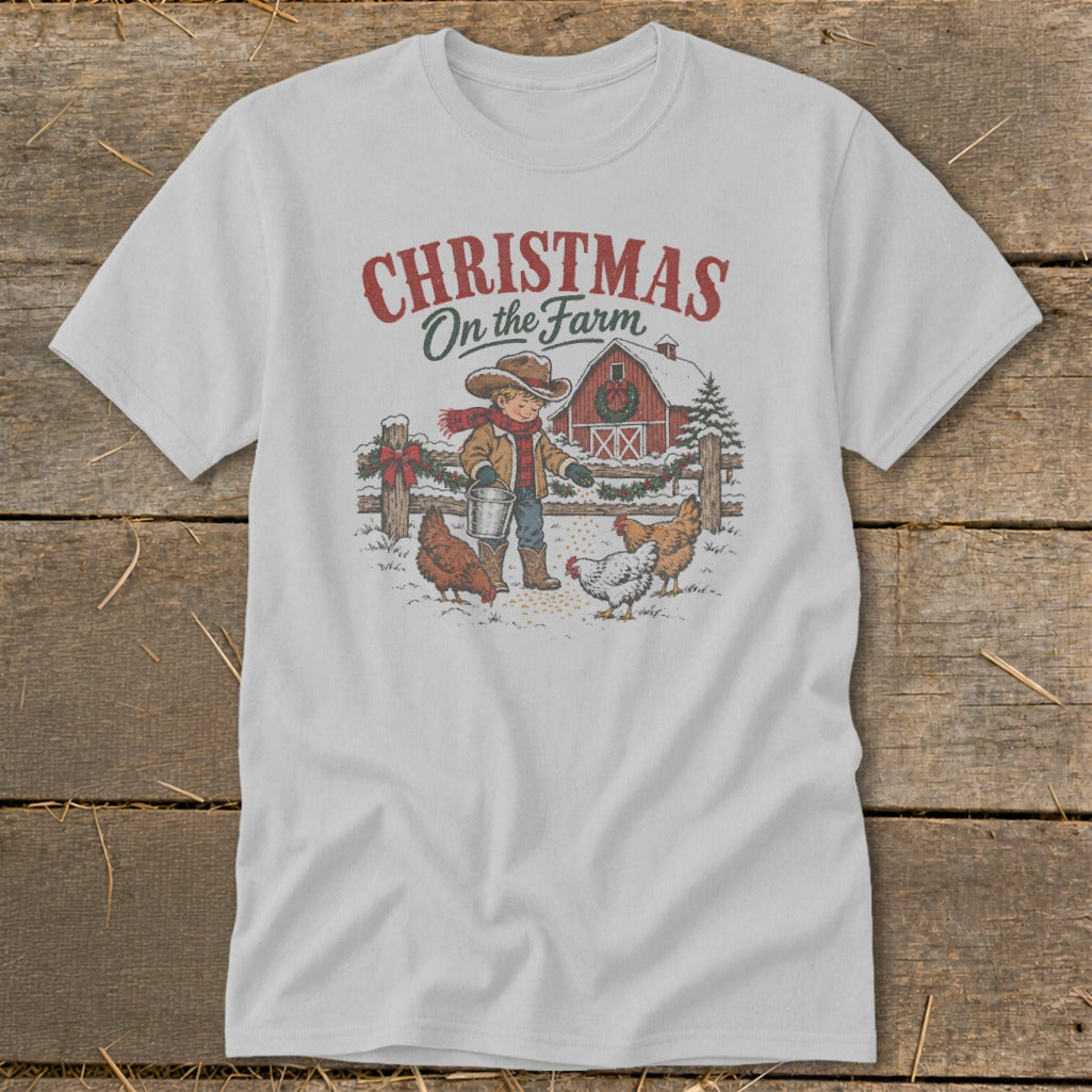 Christmas on the Farm graphic with child feeding chickens near a barn.