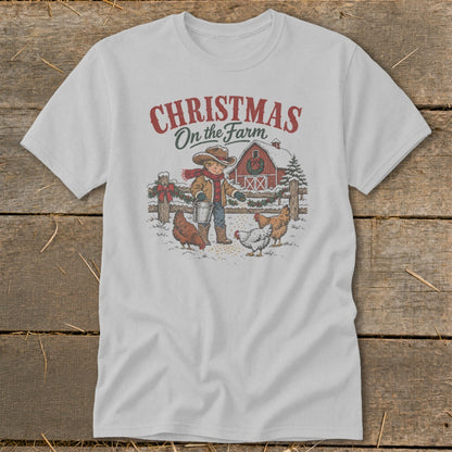 Christmas on the Farm graphic with child feeding chickens near a barn.