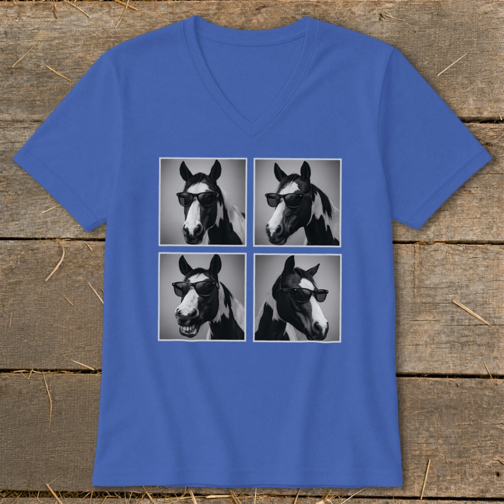 Royal blue t-shirt with four black and white images of a horse wearing sunglasses.