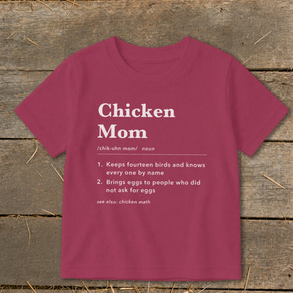 Crimson t-shirt with "Chicken Mom" definition text printed in white.