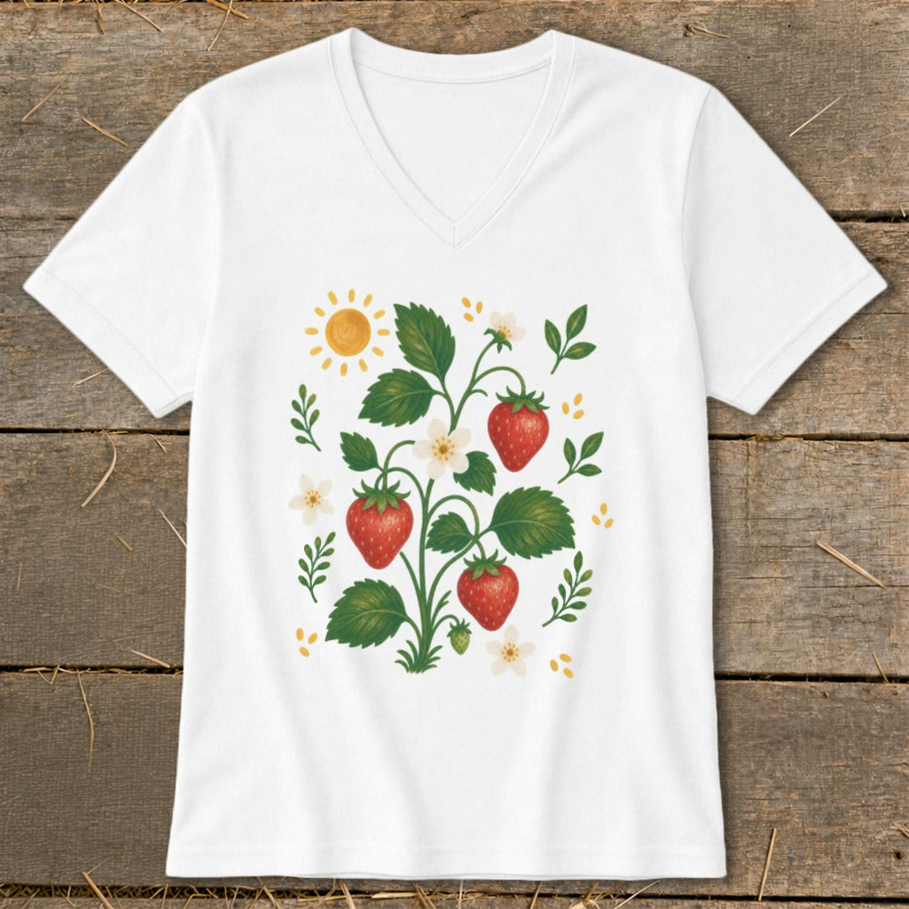 White v-neck t-shirt with a colorful strawberry plant illustration and sun.