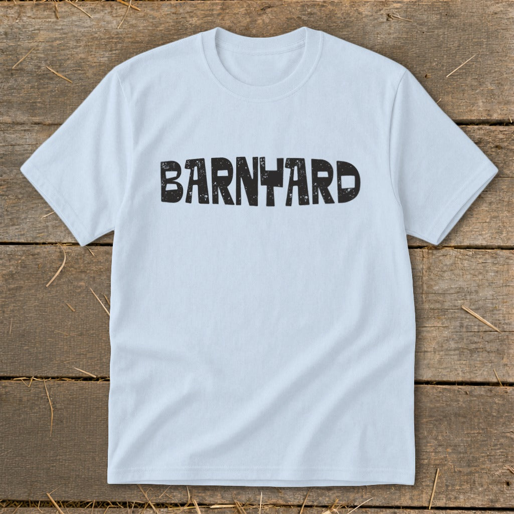 Light blue crewneck t-shirt featuring the black distressed text BARNYARD centered on the chest.