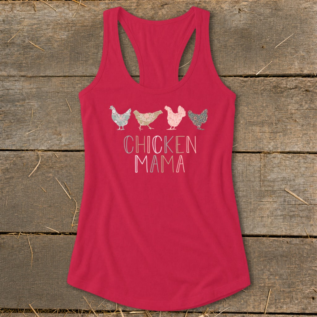 Red tank top with four patterned chickens and "CHICKEN MAMA" text.