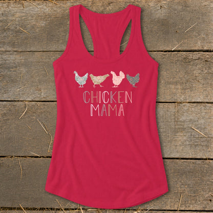 Red tank top with four patterned chickens and "CHICKEN MAMA" text.
