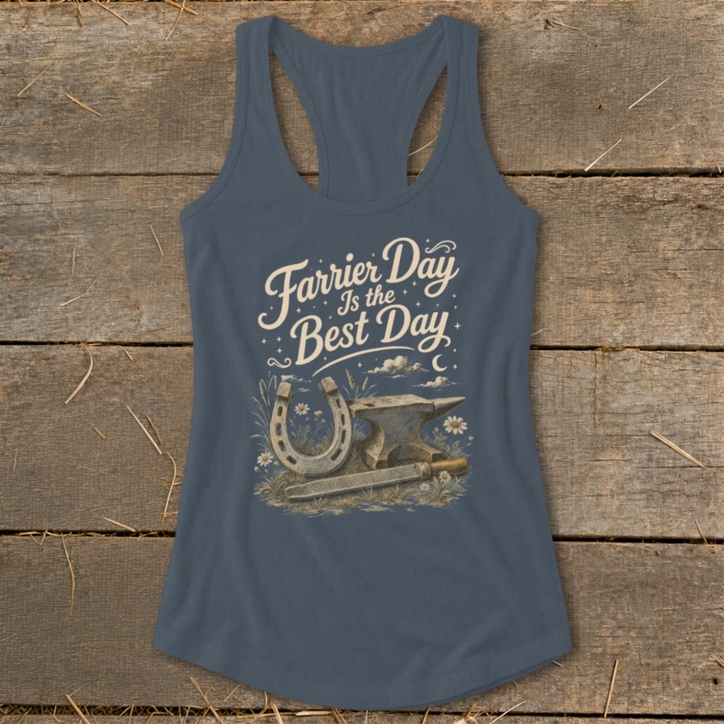 Blue tank top with "Farrier Day Is the Best Day" text and farrier tools.
