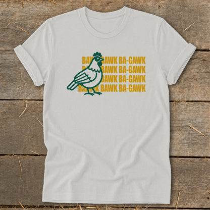 White t-shirt with green chicken graphic and "Bawk Ba-Gawk" text.