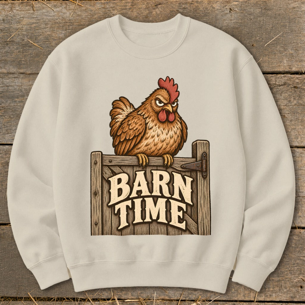 Crewneck sweatshirt with a cartoon chicken sitting on a wooden gate that says "Barn Time."