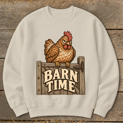 Crewneck sweatshirt with a cartoon chicken sitting on a wooden gate that says "Barn Time."