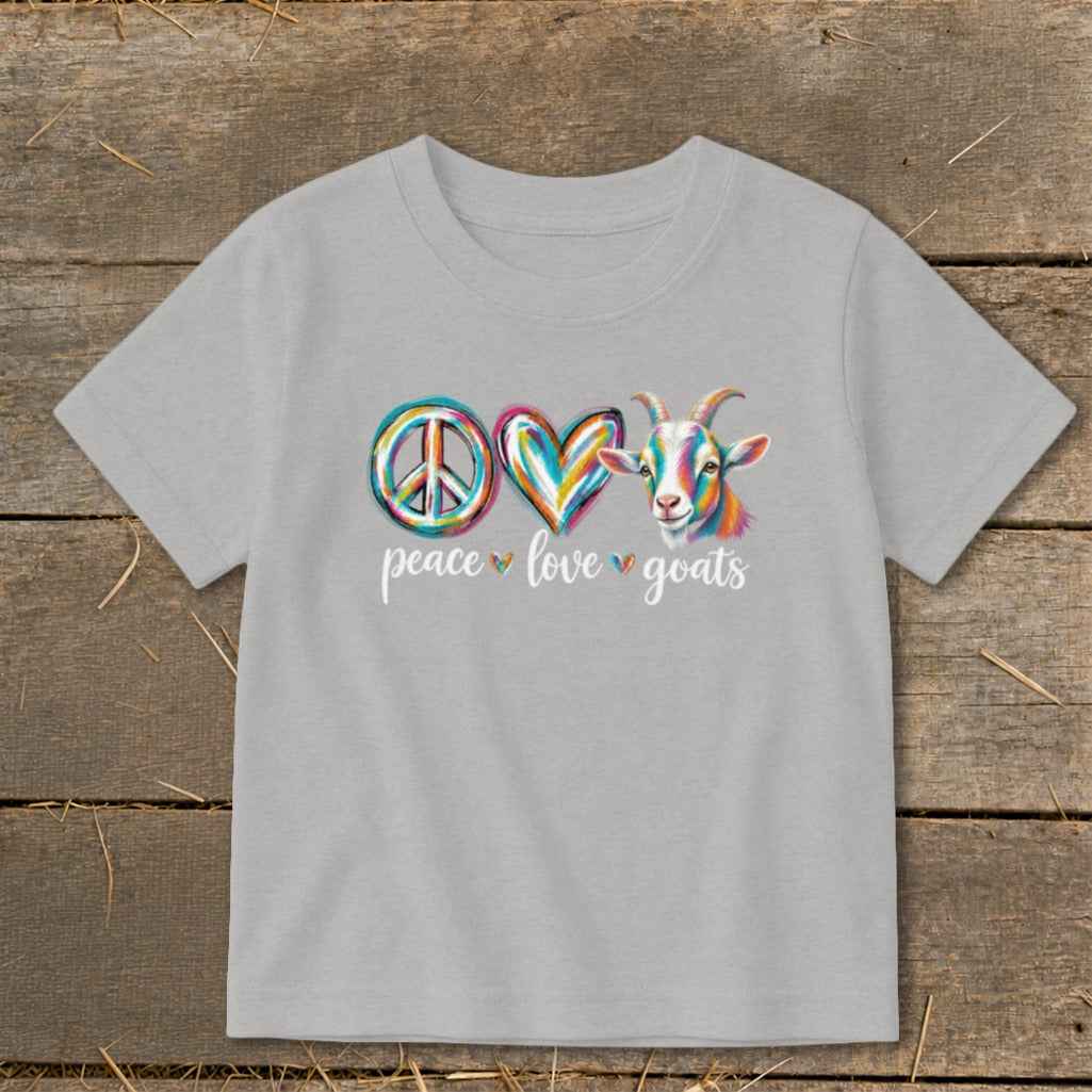 Peace, love, goats design with colorful goat on gray t-shirt.