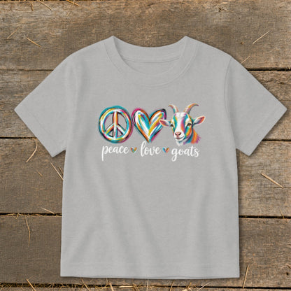 Peace, love, goats design with colorful goat on gray t-shirt.