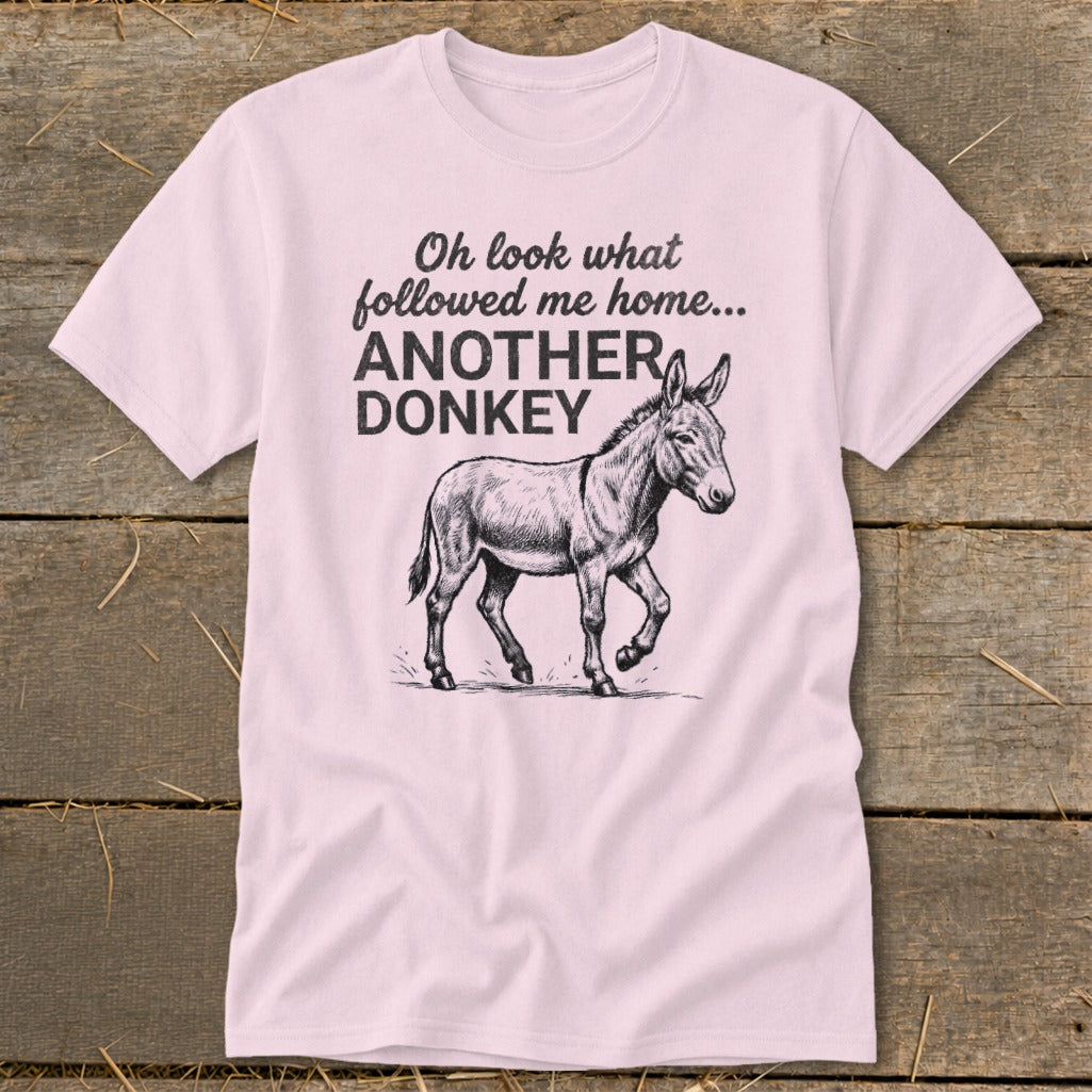 Pink t-shirt with text "Oh look what followed me home... ANOTHER DONKEY" and a drawing of a donkey.
