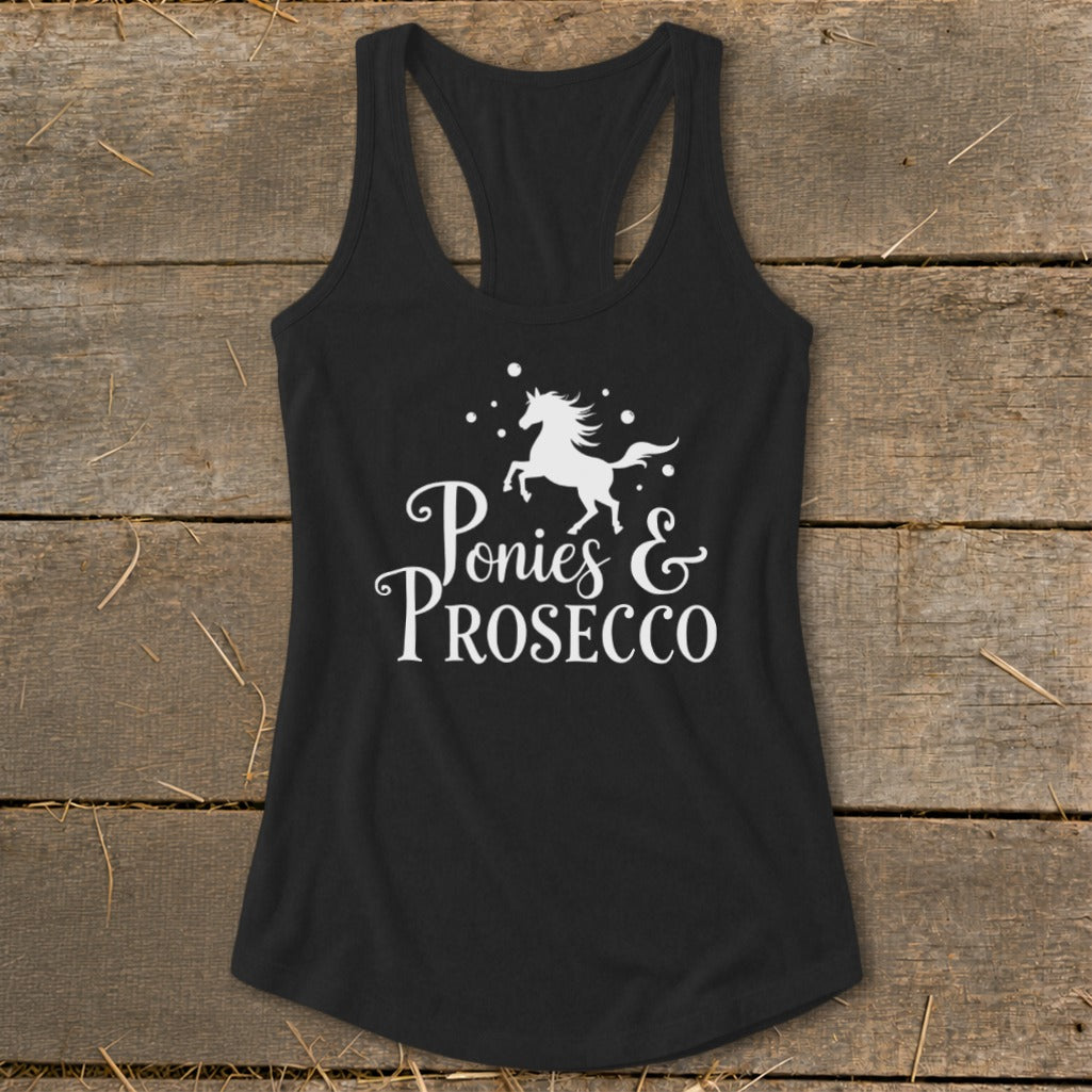 Black tank top with white text and graphic of a horse.