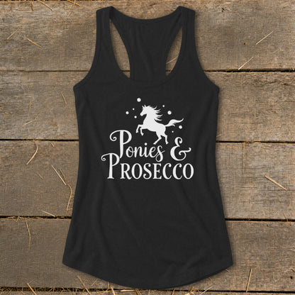 Black tank top with white text and graphic of a horse.