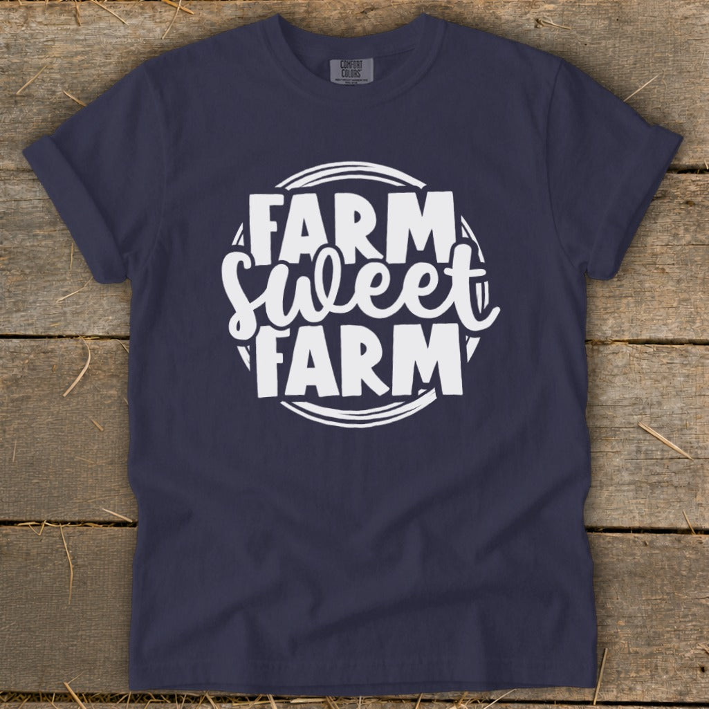 Navy t-shirt with white "Farm Sweet Farm" graphic.