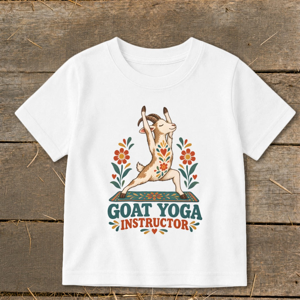 Goat doing yoga in warrior pose with text "Goat Yoga Instructor".