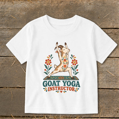 Goat doing yoga in warrior pose with text "Goat Yoga Instructor".