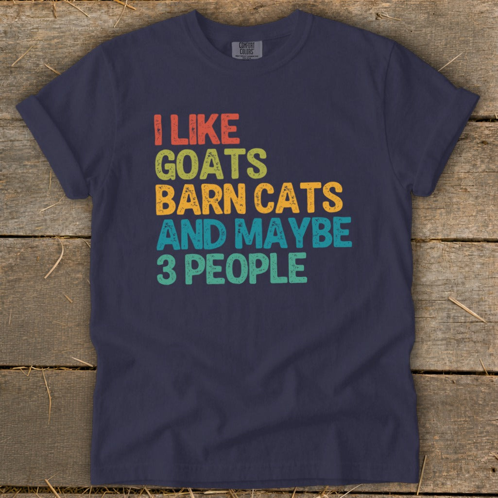 Navy t-shirt with text "I LIKE GOATS BARN CATS AND MAYBE 3 PEOPLE".
