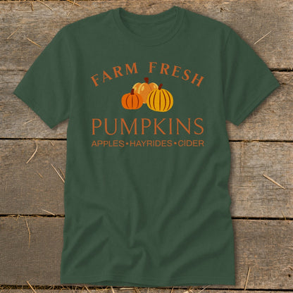 Dark green t-shirt with "Farm Fresh Pumpkins" and "Apples Hayrides Cider" text.
