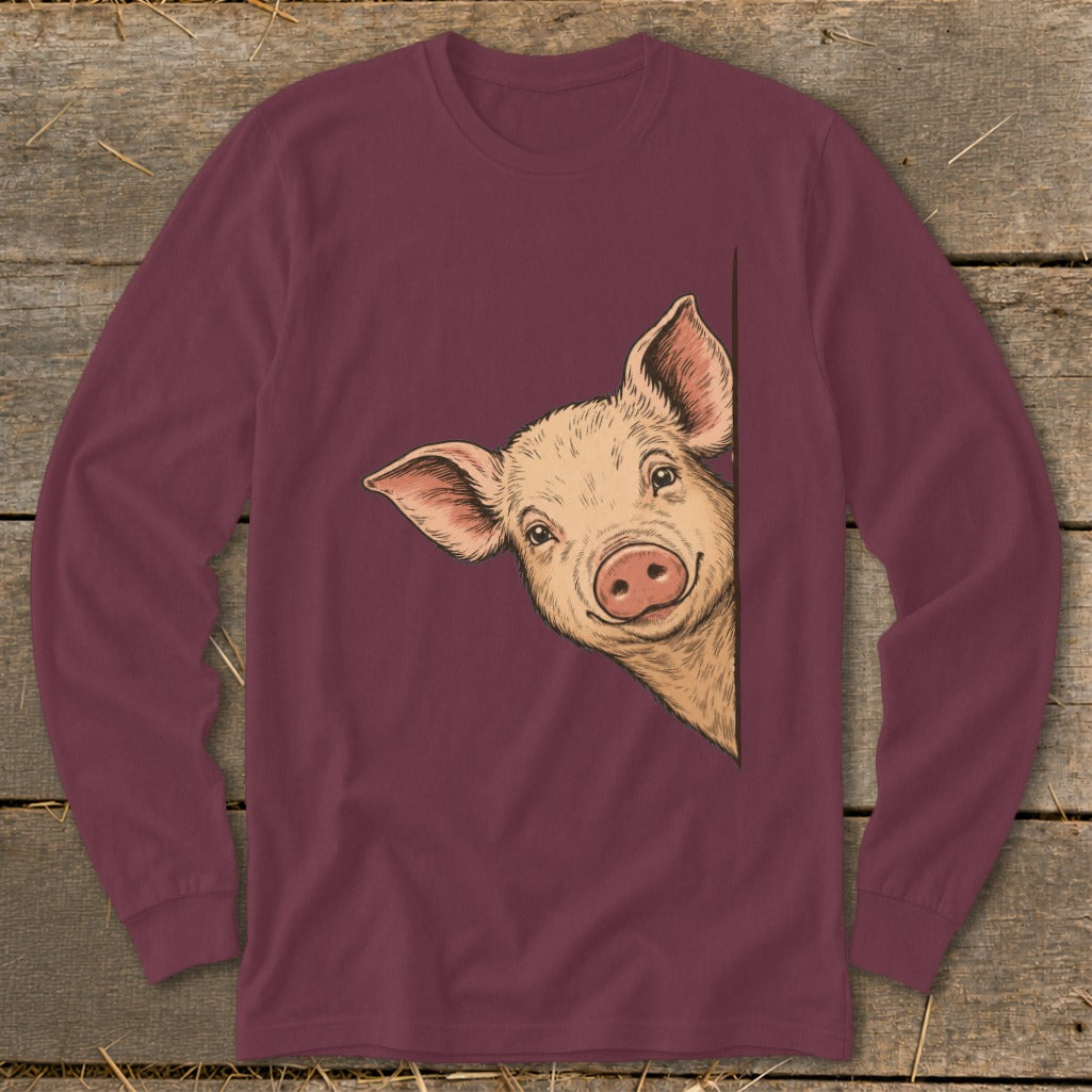 Maroon long-sleeve shirt with a drawing of a pig peeking from the side.