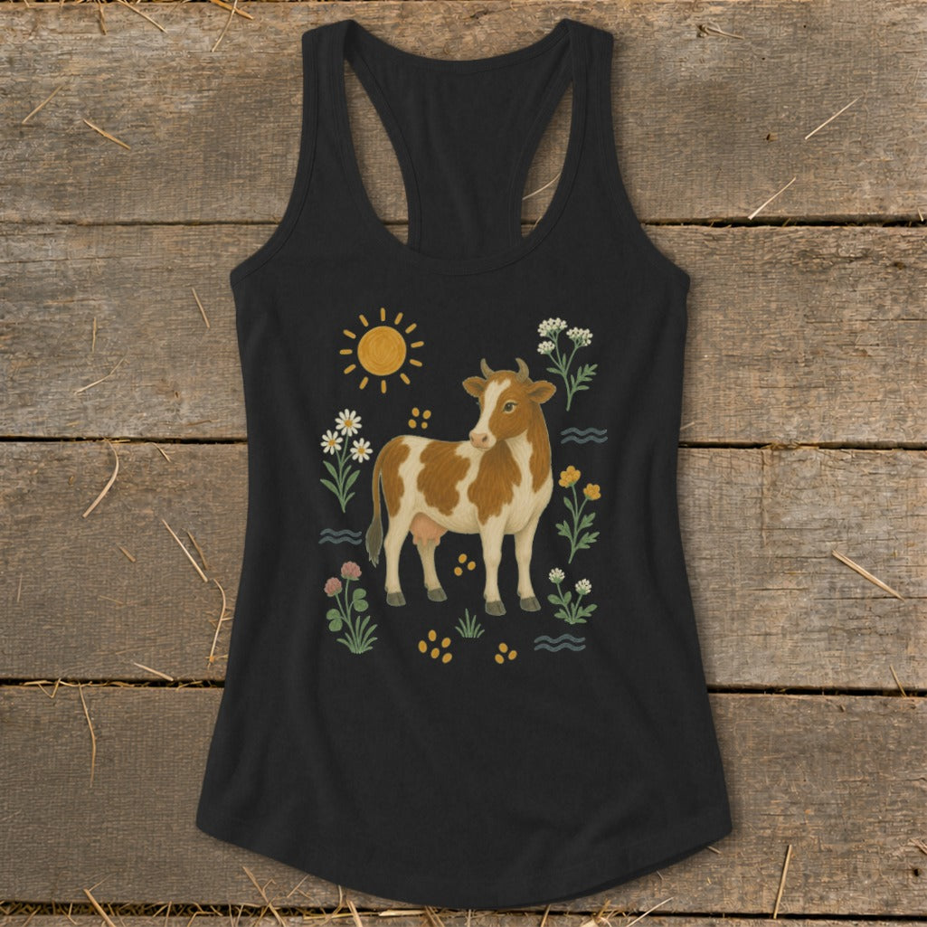 Black tank top with a cow, flowers, sun, and water graphic.