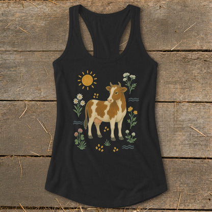 Black tank top with a cow, flowers, sun, and water graphic.
