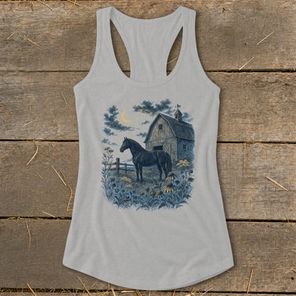 Black horse in a field with a barn and moon at night