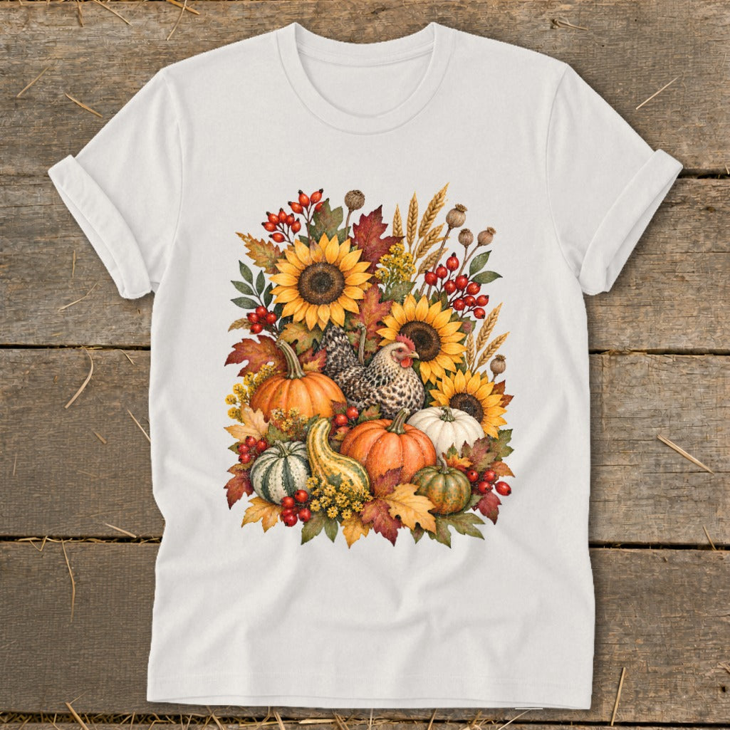 White t-shirt with a watercolor fall harvest design featuring chickens, pumpkins, and sunflowers.