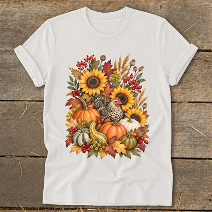 White t-shirt with a watercolor fall harvest design featuring chickens, pumpkins, and sunflowers.