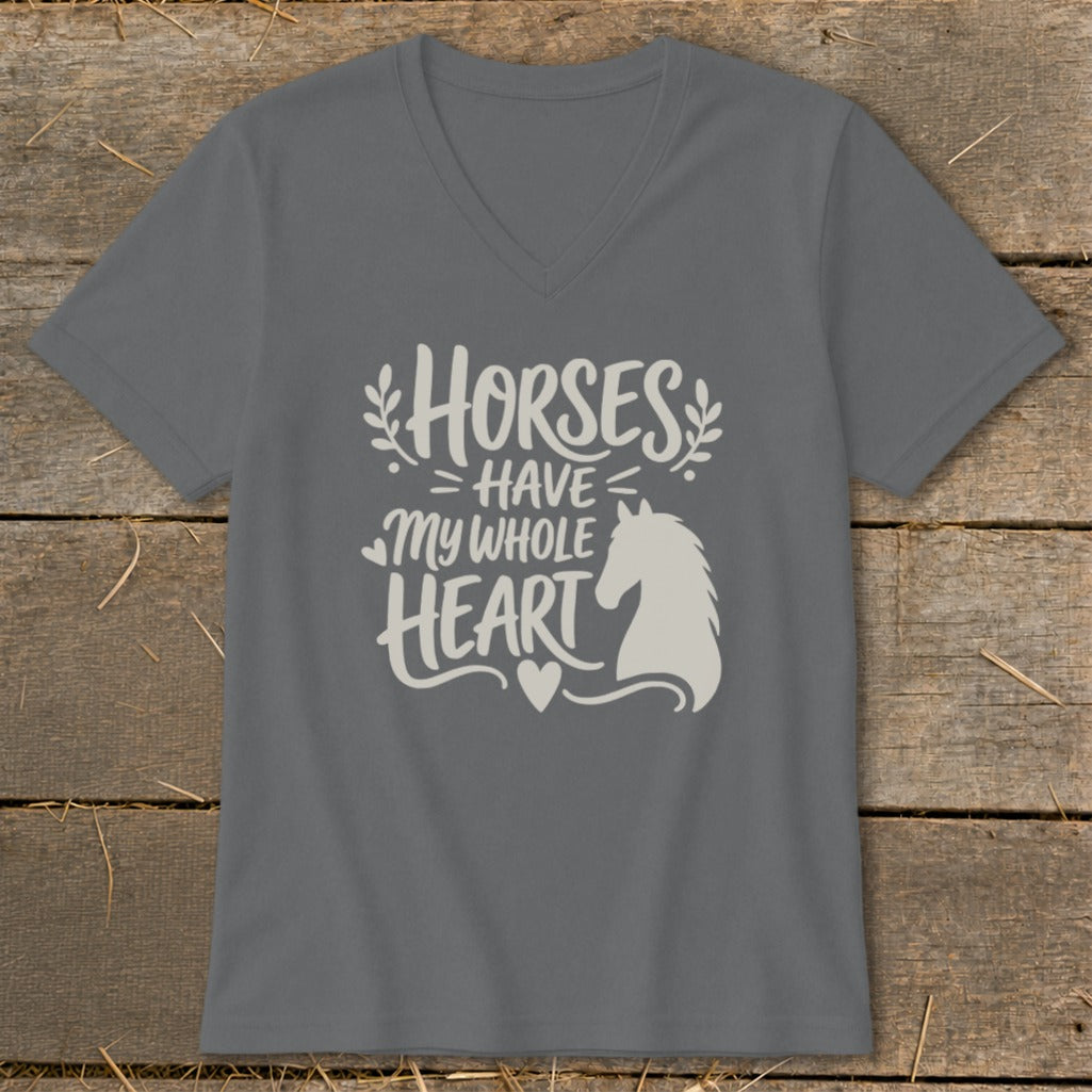 Grey v-neck t-shirt with "Horses Have My Whole Heart" text and horse silhouette.
