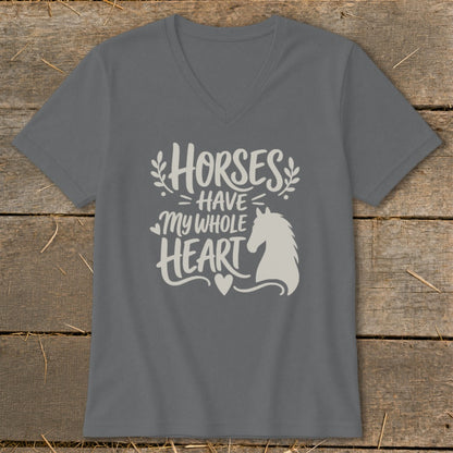 Grey v-neck t-shirt with "Horses Have My Whole Heart" text and horse silhouette.