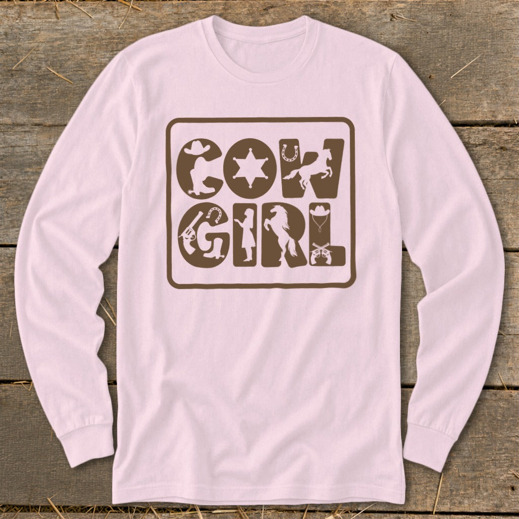 Pink long-sleeve shirt with brown "COWGIRL" text and western-themed graphics.