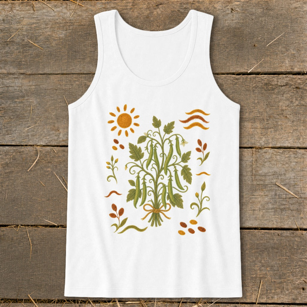 White tank top with a painted illustration of pea pods, sun, and leaves.