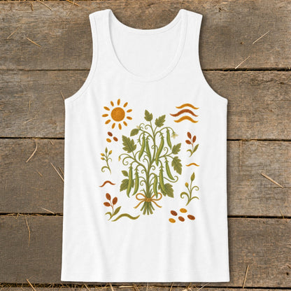 White tank top with a painted illustration of pea pods, sun, and leaves.