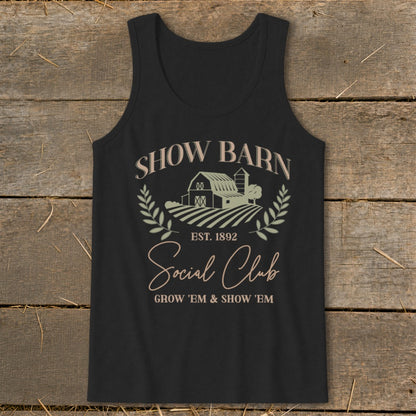 Black tank top with "Show Barn Social Club" text and farm graphic.